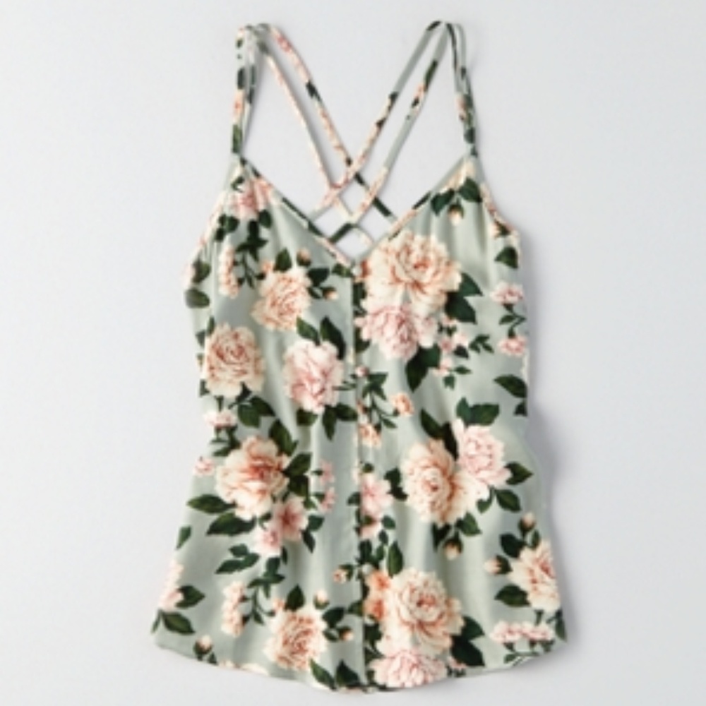 AE Strappy Floral Tank Top - Green /Pink